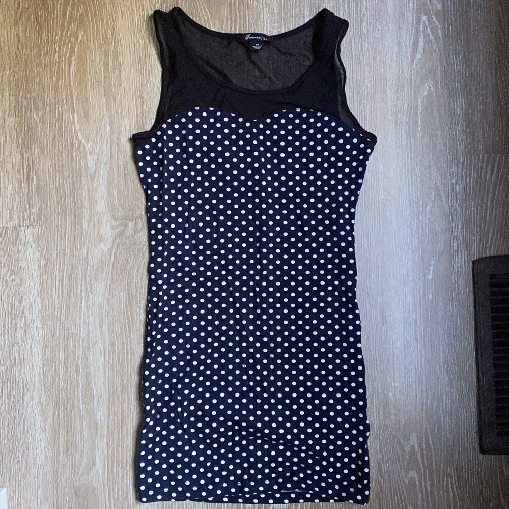 Polka Dot Navy Mini Bodycon Dress w Mesh Womens Size Small
